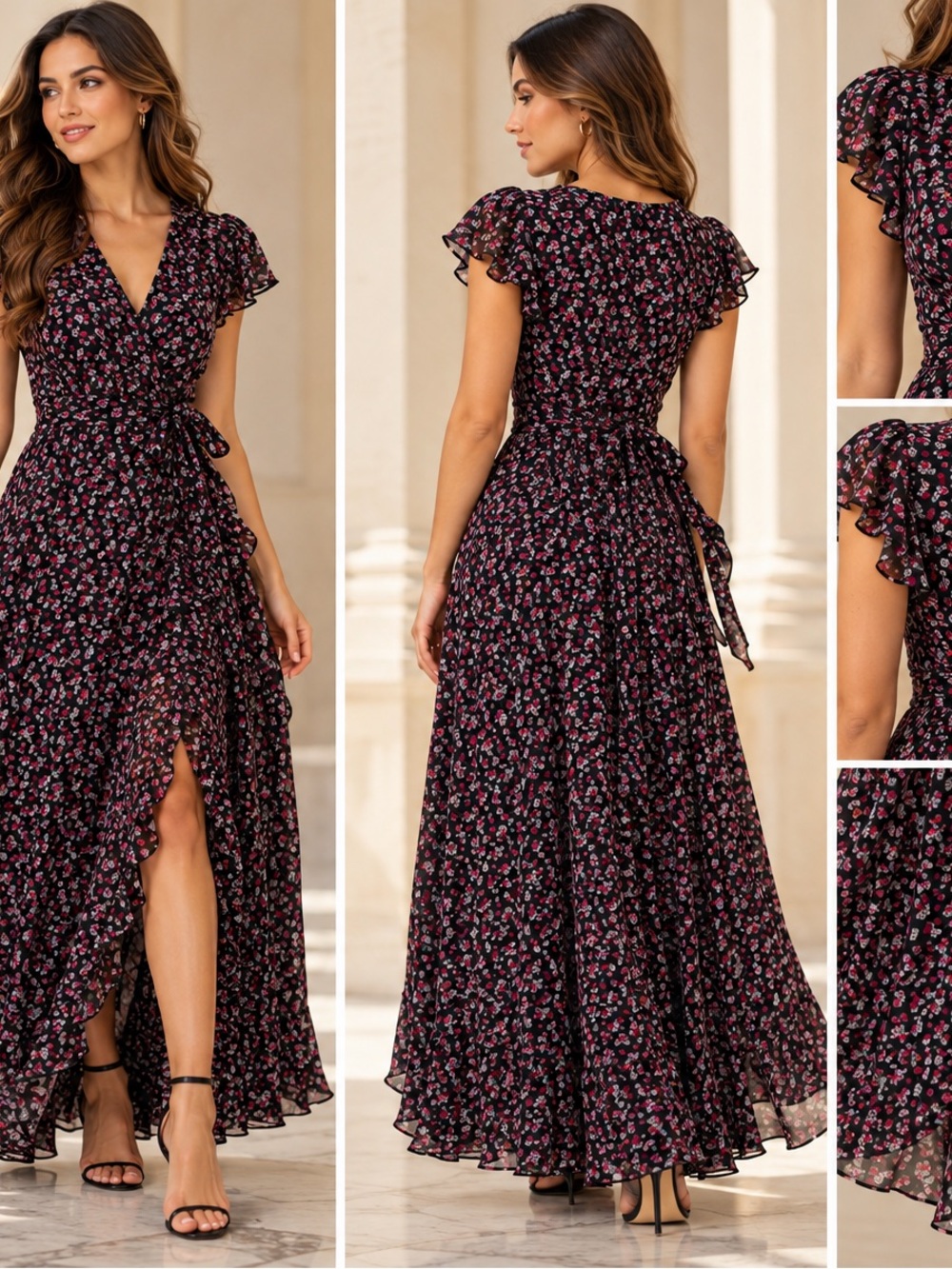The Kooples Black Maxi Wrap Dress with Pink Floral Print